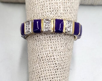 Vintage Italian 18K Gold Mesh Band Ring with Purple Enamel & Diamonds – 1970s Elegant Statement Jewelry