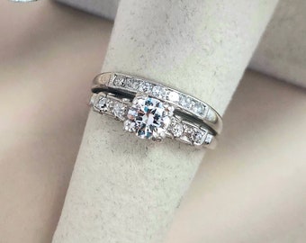 Platinum Old European Cut 0.57 Carat Antique Diamond Engagement Ring Set