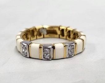 18K Gold Vintage Italian White Enamel Diamond Mesh Ring | Mesh Jewelry