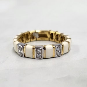 18K Gold Vintage Italian White Enamel Diamond Mesh Ring | Mesh Jewelry