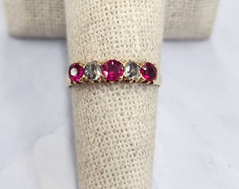 Antique 14K Gold 5 Stone Rose Quartz and Syn. Ruby Ring