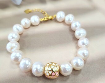 White Pearl Baby Pink and White Enamel Sakura Charm Bracelet