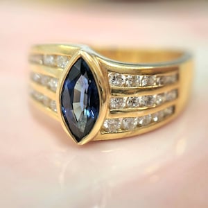 14K Yellow Gold Blue Sapphire Marquise European Shank Diamond Ring Band