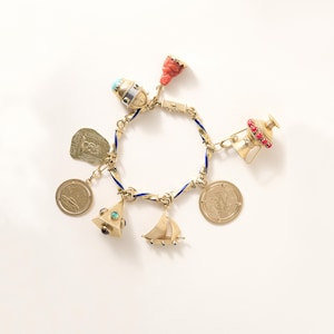 18k Gold Multi Vintage Charm Bracelet on Enamel Chain