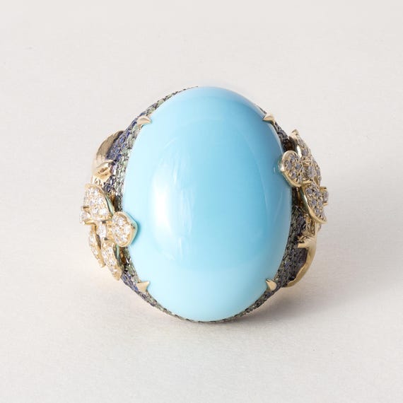 18k Gold 21.17 Carat Turquoise Oval Sapphire and Diamond 18k Gold 21.17 Carat Turquoise Oval Sapphire and Diamond