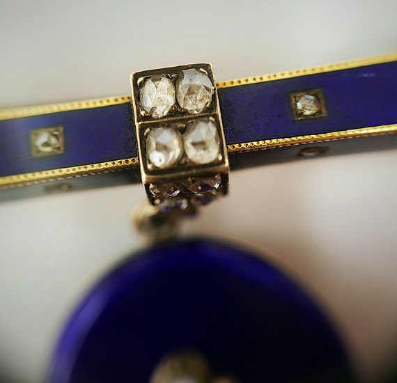 Antique 18K YG Blue Enamel Rose Cut Diamond Swing… - image 7