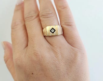 Anillo solitario de sello con diamantes, estilo modernista vintage de los años 50, con diseño a rayas, en oro amarillo de 14k.