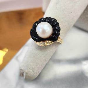 Vintage 14k Gold Onyx Seashell Ring mit Perle & Diamant Akzente