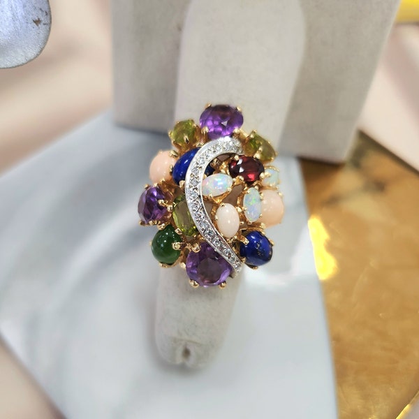 14K Gold Multi Color Natural Gemstone and Diamond Cocktail Statement Ring