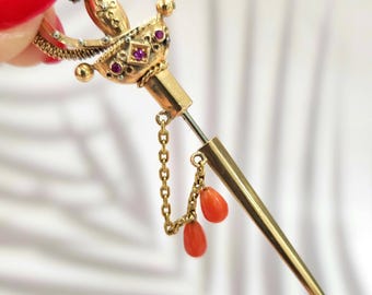 18K Gold Edwardian Sword Brooch Pin with Coral Gemstones – Antique Ornate Design