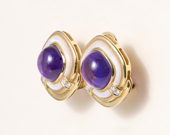 Pendientes vintage de los años 80 con cabujón de amatista y diamantes, estilo mopa, engastados en oro de 18 quilates.