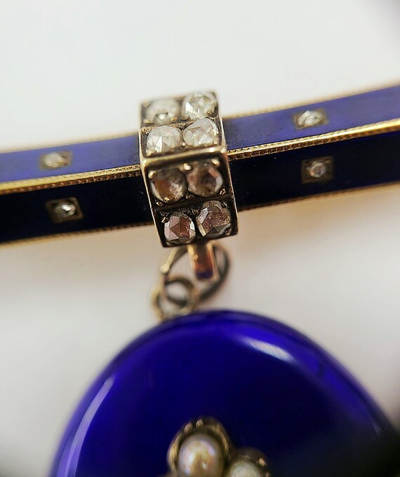 Antique 18K YG Blue Enamel Rose Cut Diamond Swing… - image 4