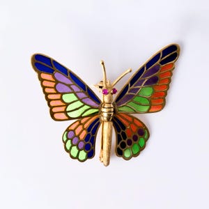 Broche de mariposa de oro español de 18 quilates / Alas articuladas y detalles de esmalte / Joyería fina vintage