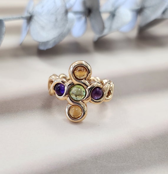 18K CHANEL Multi Gemstone Cabochon Chain Ring