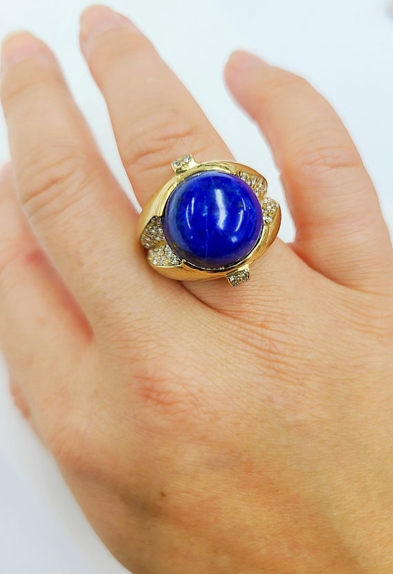 Vintage 18K YG Lapis Lazuli and Diamond Retro Ring - image 4