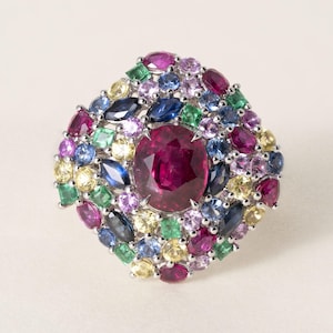 Estate 18-Karat Platinum Ruby and Multi Color Tutti Frutti Style Cluster Ring