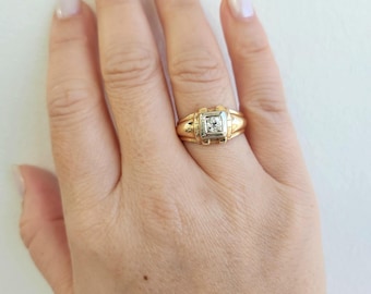 Anillo solitario de oro bicolor de 14k con diamante talla antigua de 0,25 quilates, estilo retro de los años 40.