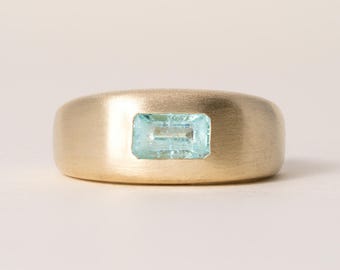 18k geelgouden 0,80 karaat paraiba toermalijn smaragd geslepen zegelring