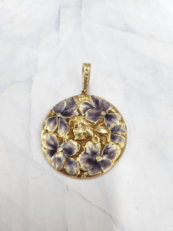 Vintage 14K Gold Purple Enamel Pansies and Diamon… - image 1