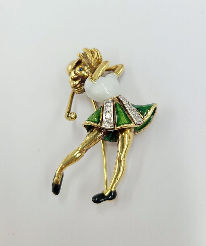 Vintage 18K YG Female Golfer Enamel and Diamond Brooch Vintage 18K YG Female Golfer Enamel and Diamond Brooch