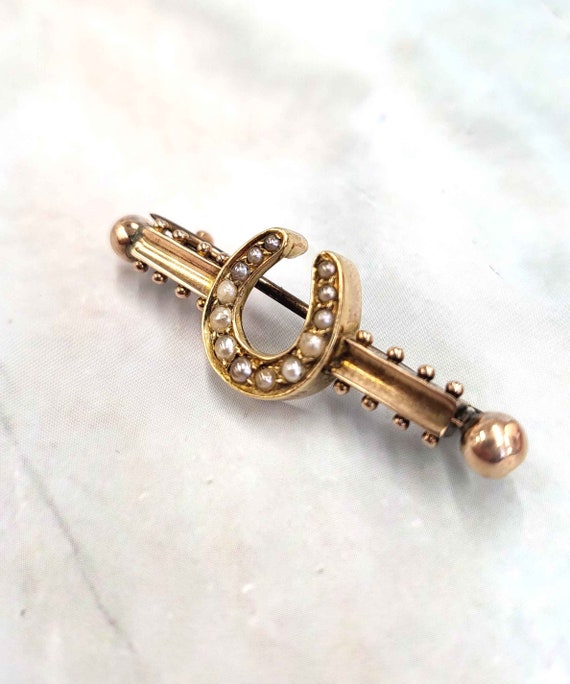 Antique Victorian 14K  Rose Gold Seed Pearl Horse… - image 1