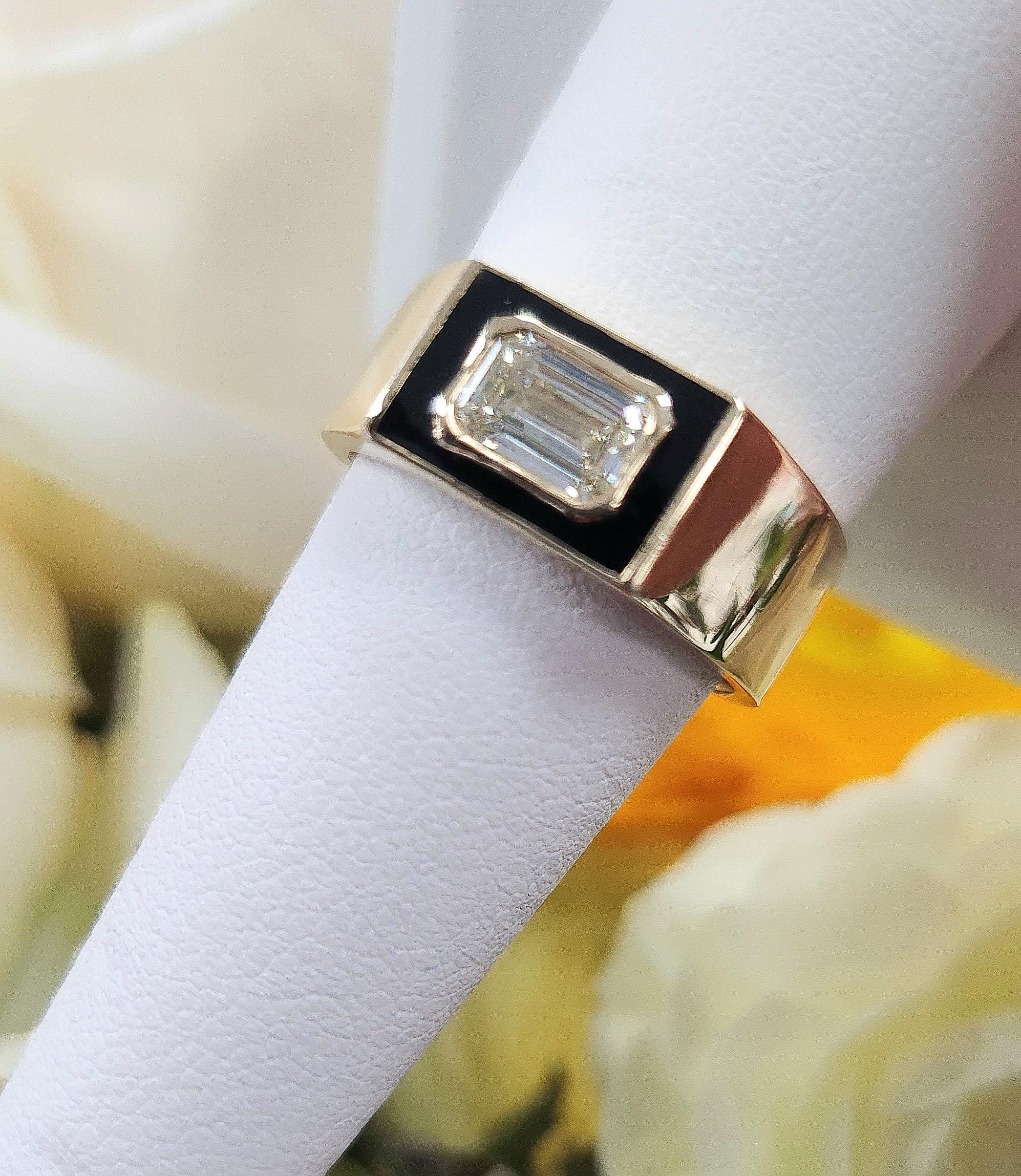 0.70 Carat Emerald Cut Diamond Black Enamel Bezel Set 14K Yellow Gold Cigar Ring Band