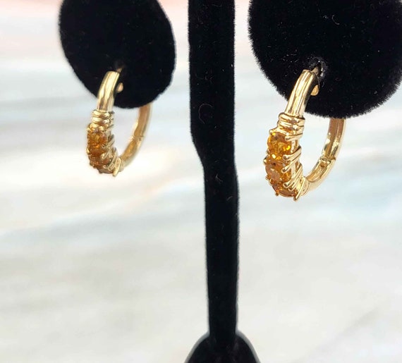 14K Yellow Gold Citrine Mini Hoops Earrings - image 1