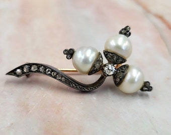 Antique Natural Pearl and Rose Cut Diamond Brooch