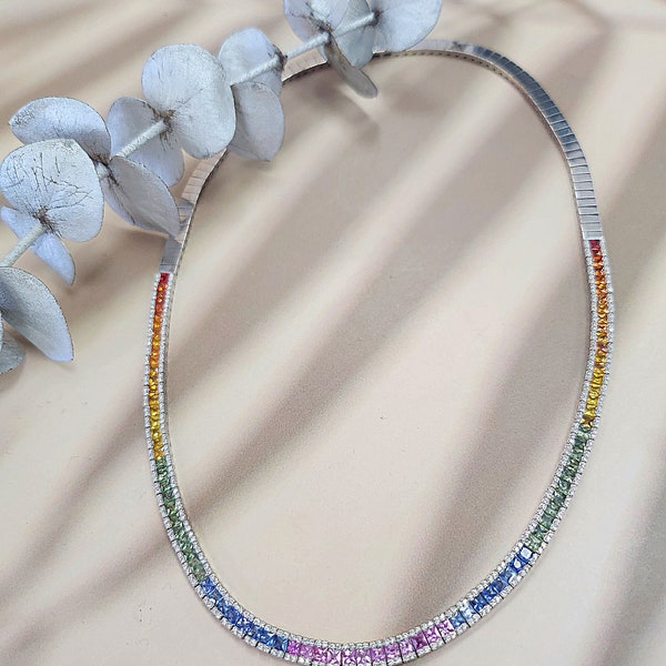 10.64 Carats Rainbow Multi Color Sapphire Princess Cut Diamond Necklace 18K White Gold