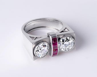 Platinum 1940&#39;s Old European Cut Diamond and Ruby Ring – 2.20 Carats