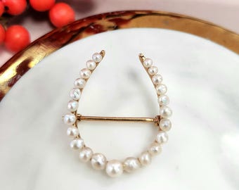 Antique 14K Gold Lucky Horseshoe Brooch with Pearls - Timeless Good Fortune Charm