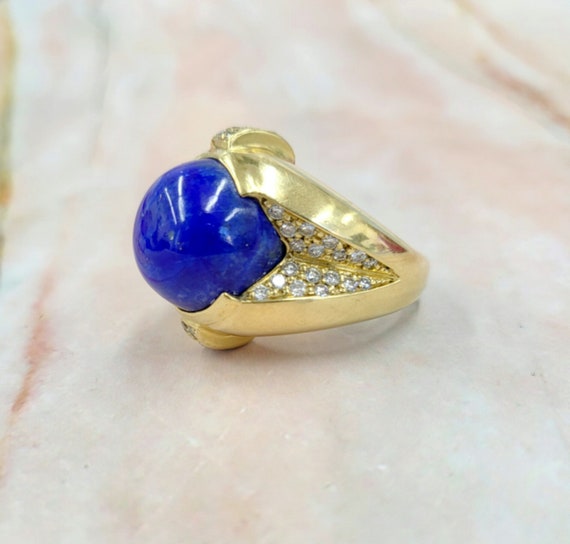 Vintage 18K YG Lapis Lazuli and Diamond Retro Ring - image 2