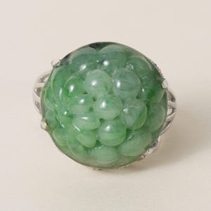 Estate 18k White Gold Carved Natural Jade and 0.35 Carat Diamond Dome Ring