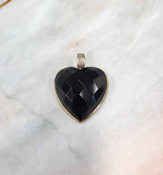 10K Gold Bezel Set Black Faceted Stone Heart And … - image 3