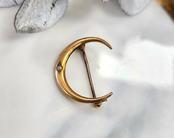 10K Yellow Gold Crescent Moon Seed Pearl Antique Brooch Pin