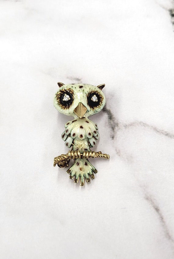 Vintage 14K Gold JAYLEN Enamel Owl with Diamond Ey