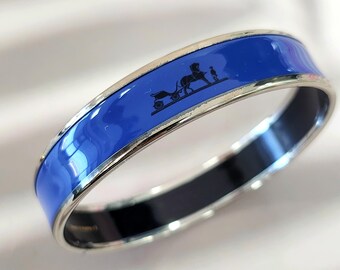 Hermes Blue Enamel Bangle, Classic Horse Drawn Carriage Logo,  Palladium Plated