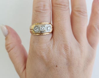 Anello retrò anni '40 con 3 diamanti da 0,50 carati in oro bicolore 13 carati, taglia 10.