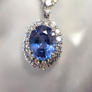 Stunning Platinum 3.42 Carat Ceylon Blue Sapphire Oval Diamond Halo Pendant Necklace