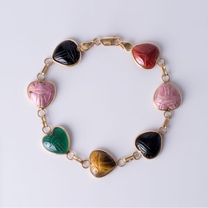 Vintage 14k Gold Multi-Gemstone Scarab Heart Bracelet - Onyx, Carnelian, Tiger&#39;s Eye & More