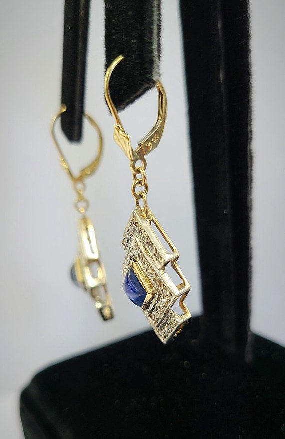 Vintage 9K Gold Sapphire Sugar loaf Diamond Dangl… - image 8