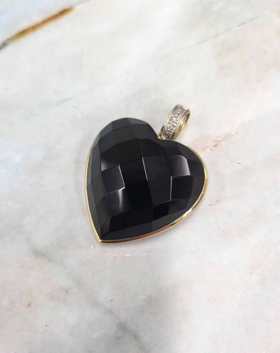 10K Gold Bezel Set Black Faceted Stone Heart And … - image 1