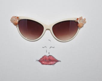 Cream and Tortoise Designer Fashion cat-eye sunglasses with genuine shell embellishments.