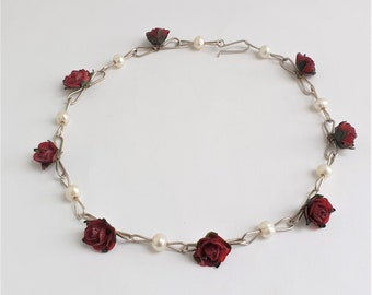 Necklace 'Elisabeth',Silver,pearl and red roses,Special gift,Handmade in Amsterdam,Holland,Unique piece,Dutch flowers,Red roses necklace