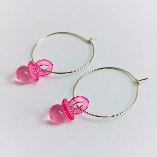 Pink pacifier earrings,Large stainless steel hoops with acrylic pacifiers,Lolita earrings,Kawaii jewelry Japan,Gender neutral,Gift for lover