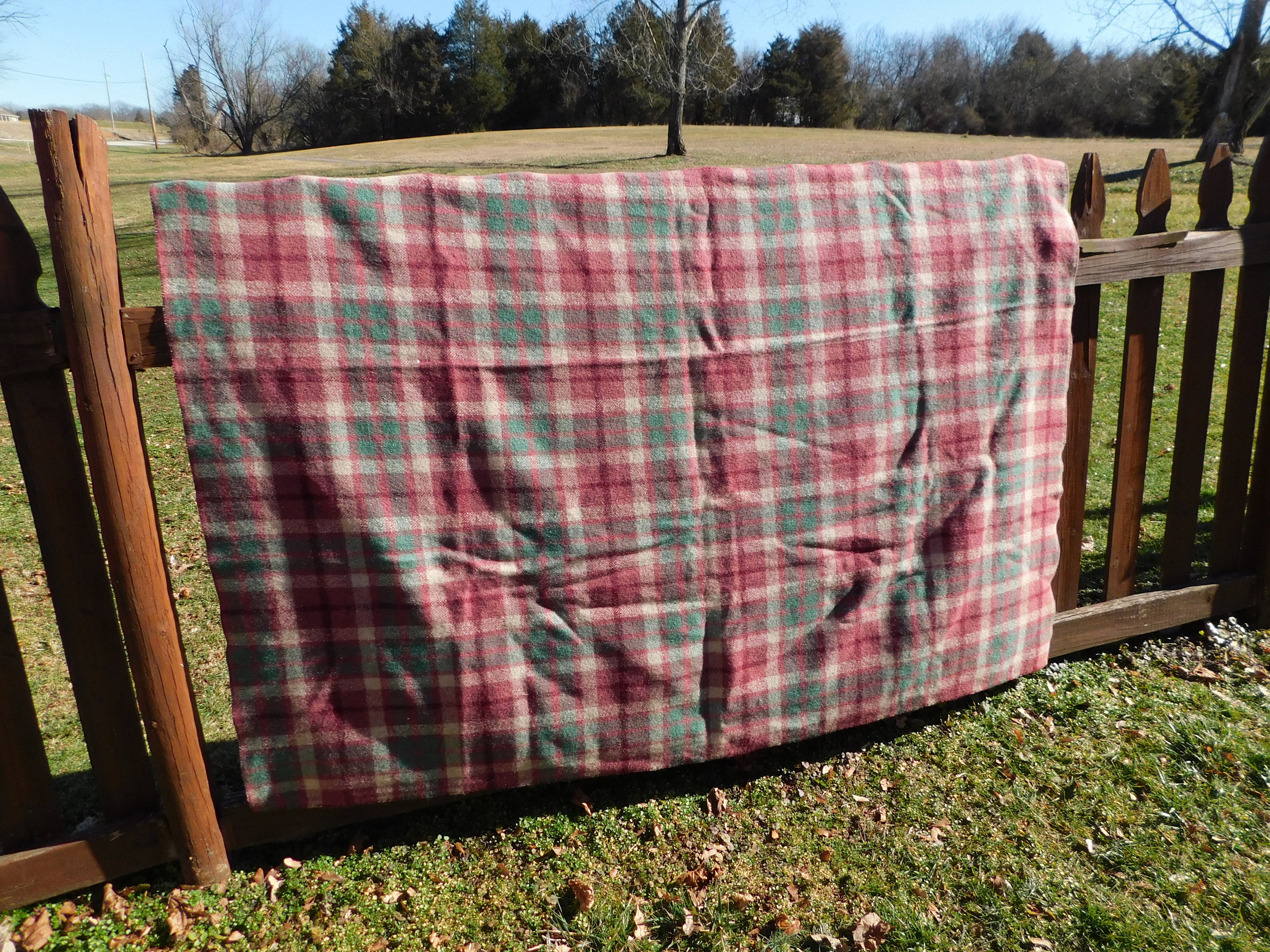 Vintage Italian Wool Blanket - Black and Cream Plaid Buffalo