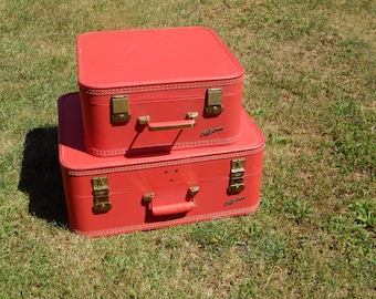 Vintage Lady Baltimore Red Hard Shell Large & Medium Luggage Suitcases 1950s ****