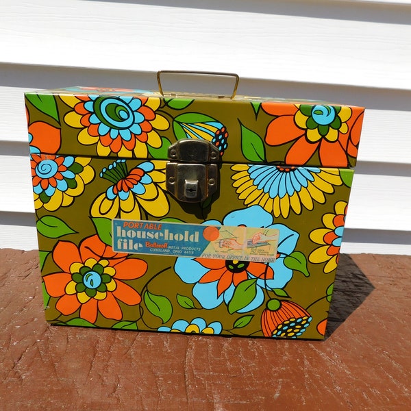 1970s Retro MOD Flower Power Metal Storage File Record Lock Box Ballonoff Flower Power