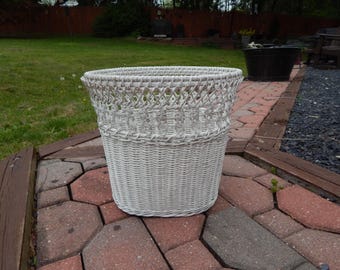 Vintage White Wicker Trash Can Waste Basket