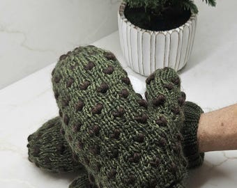 Hand Knit Wool Thrummed Mittens: Dark Green Newfoundland Lined Gloves